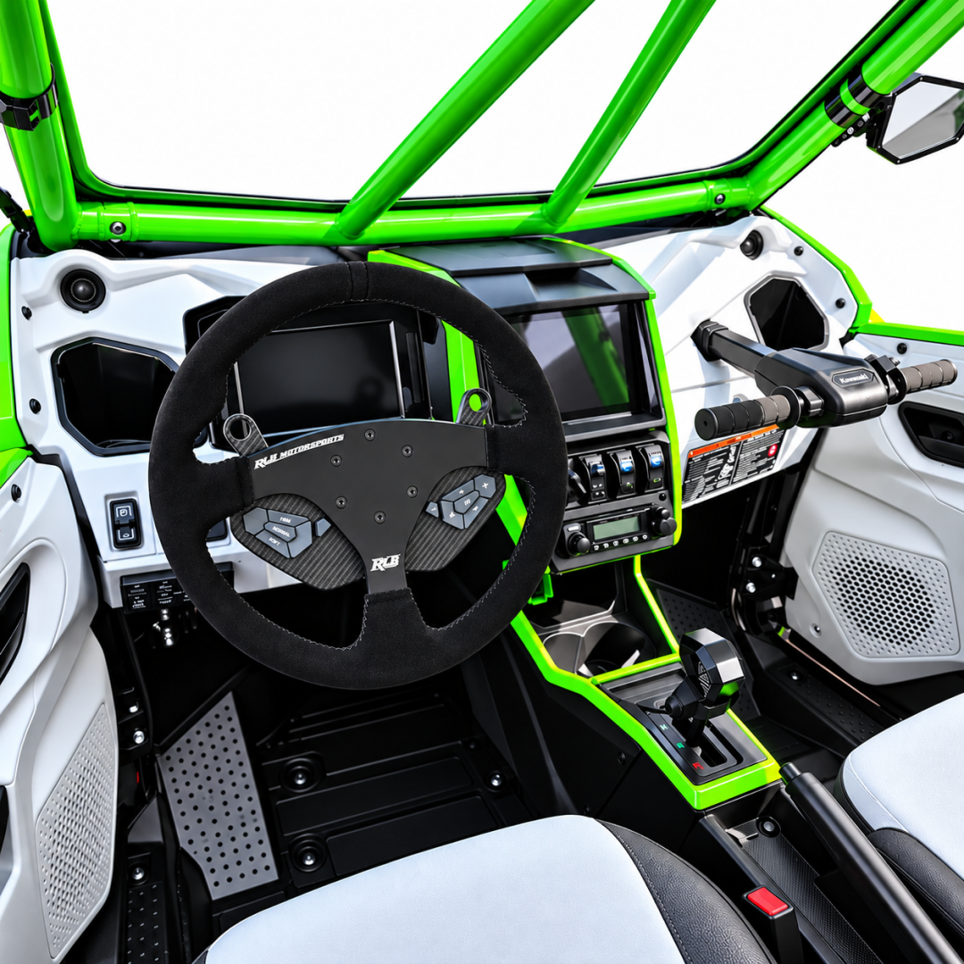 full dash view of Adapt IQ installed on RLB steering wheel in a Kawasaki KRX H2