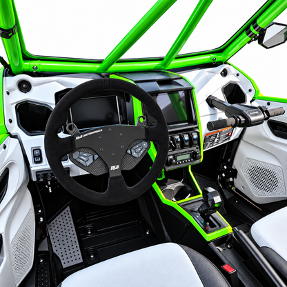 full dash view of Adapt IQ installed on RLB steering wheel in a Kawasaki KRX H2