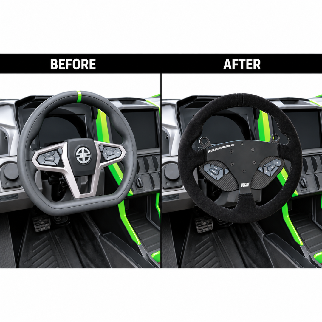 Before and after: Kawasaki KRX H2 stock steering wheel next to an RLB 14-inch aftermarket wheel with factory buttons on the Adapt IQ mount