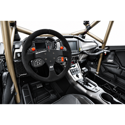 RLB suede steering wheel with Adapt IQ button mount installed in a Polaris Pro R dash