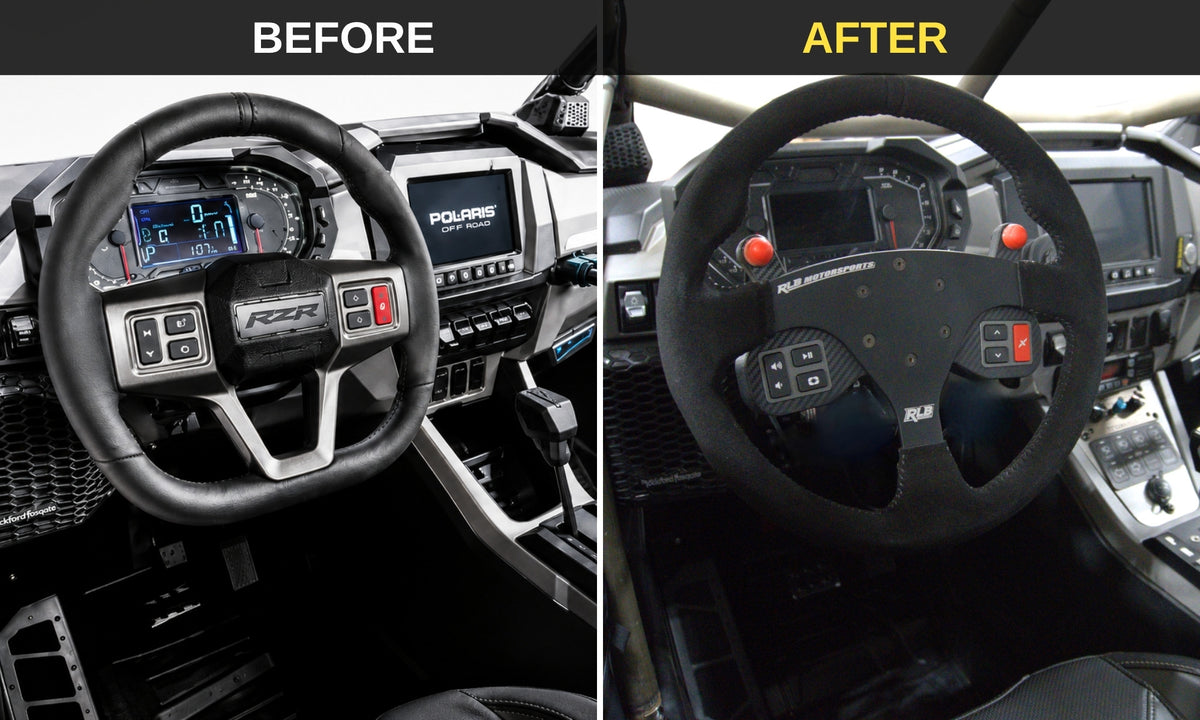 Before and after: stock Polaris Pro R steering wheel versus RLB suede race wheel with factory buttons on the Adapt-IQ mount